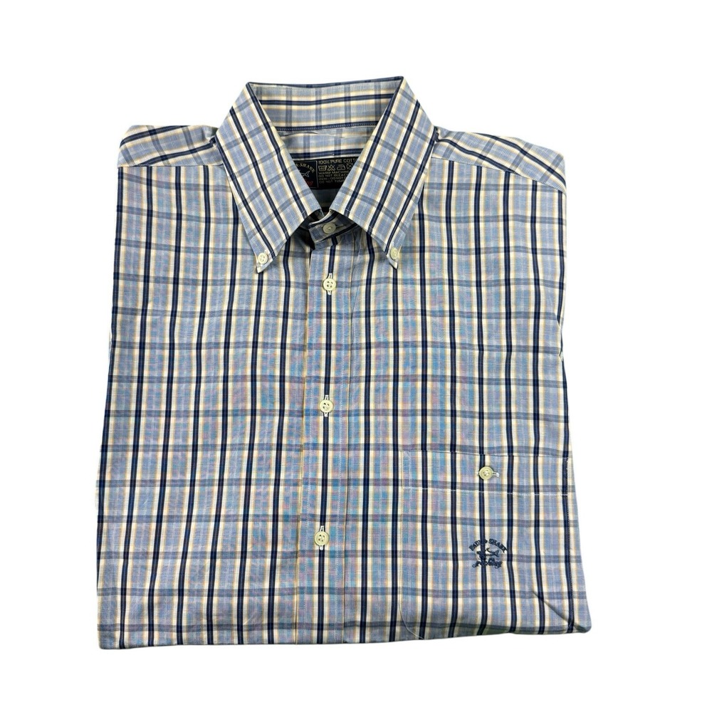 Paul & Shark Blue Yellow White Checked S/S Cotton Button Front Size 17.5/44